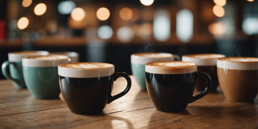 Mehrere Tassen Kaffee mit unterschiedlichen Kaffeesorten auf Holztisch.