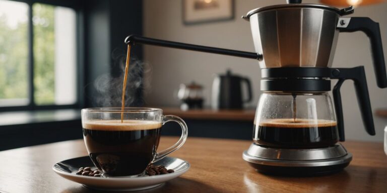 Kaffeetasse und Bohnen auf einem Tisch für perfekten Genuss