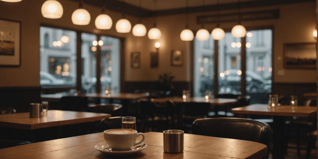 Café mit warmem Licht und gemütlicher Atmosphäre