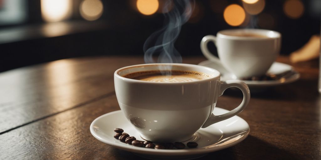 Kaffeetasse mit Bohnen und Zimtstangen auf Holztisch.