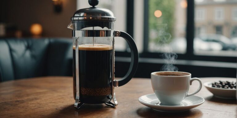 French Press neben dampfender Kaffeetasse und Kaffeebohnen