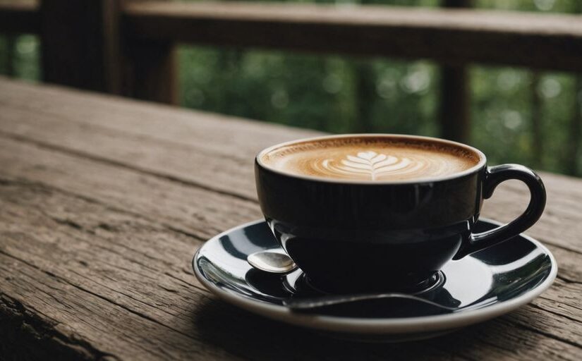 Dampfende Kaffeetasse auf antikem Holztisch, historische Atmosphäre.