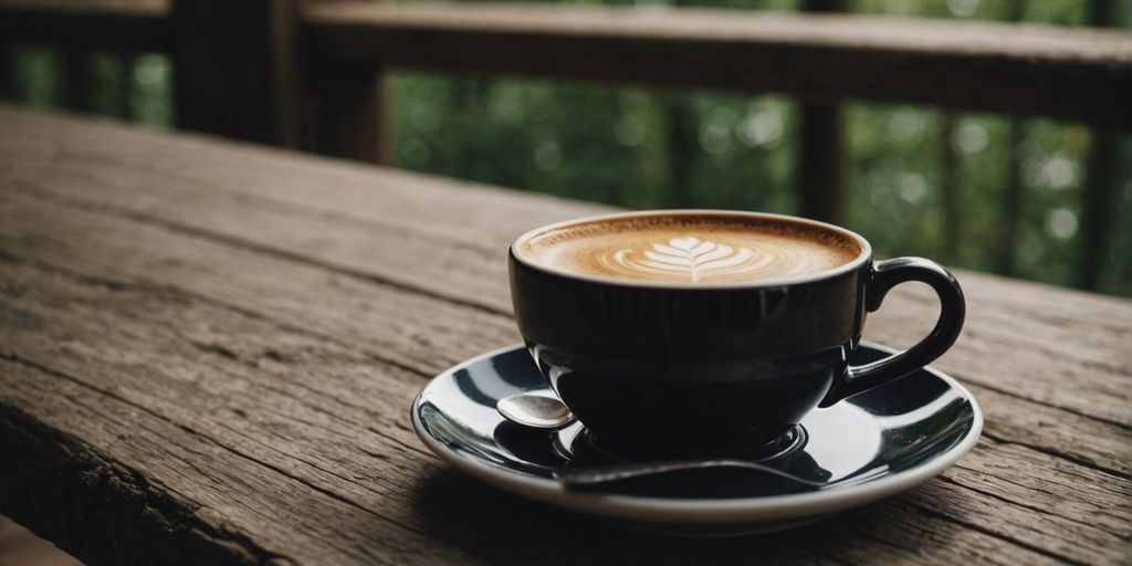 Dampfende Kaffeetasse auf antikem Holztisch, historische Atmosphäre.