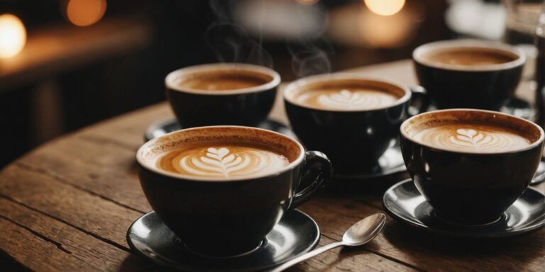 Verschiedene Kaffeebohnen in Schalen auf Holztisch.