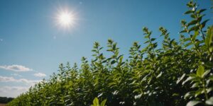 Nachhaltiger Kaffeeanbau mit grünen Kaffeepflanzen und blauem Himmel